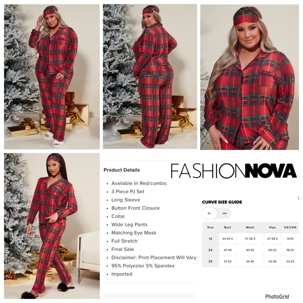 Fashion Nova 2X plus size fireside love pj pant set red/green NWT